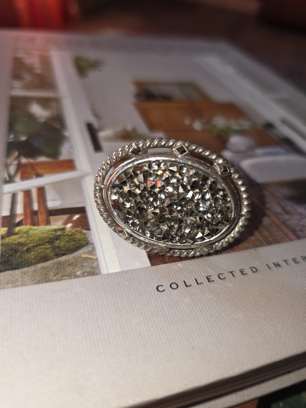 Silver-Tone Oval Crystal Statement Ring